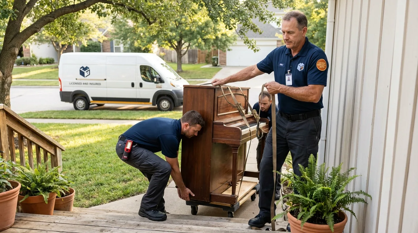 Licensed piano movers securing grand piano in Ocean Grove, NJ