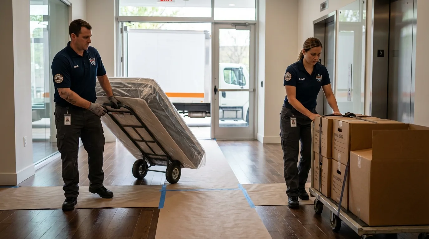 Professional apartment movers loading elevator in Ocean Grove, NJ