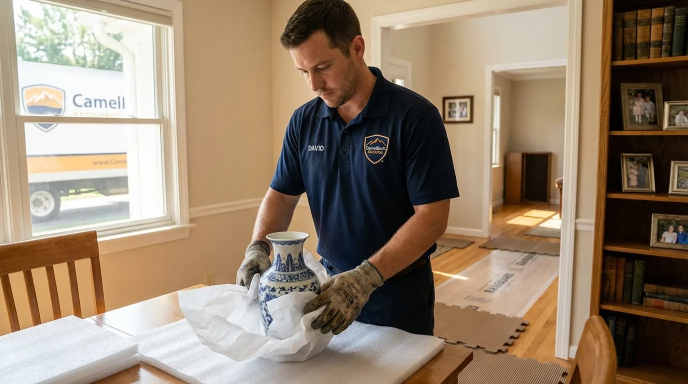 Professional crew carefully wrapping antique vase for senior downsizing move in Ocean Grove, NJ